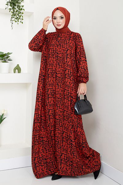 ModaMerve Brick Color Patterned Elastic Cuff Dress - 2476Hbs932-M