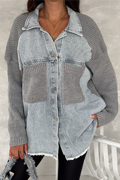 FEMELLE Women's Gray Standard Size Oversize Denim Jeans Garnished Cardigan with Sleeves and Pocket Knitwear