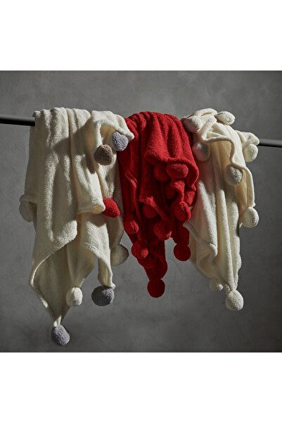 Mudo Home PONPONLU DİZ ÜSTÜ BATTANİYE KIRMIZI 130X160