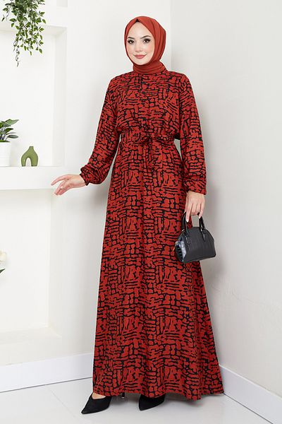 ModaMerve Brick Color Patterned Elastic Cuff Dress - 2476Hbs932-M