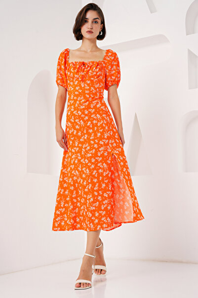 Bigdart 2387 Yırtmaç Detaylı Elbise - Turuncu