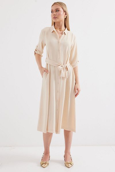 Bigdart 2442 Model Belted Shirt Dress - Cream