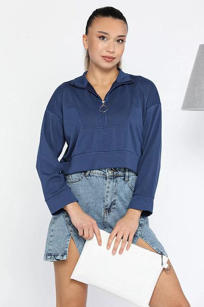 GÜLSELİ Hanorac Crop Top pentru damă, albastru bleumarin, cu fermoar