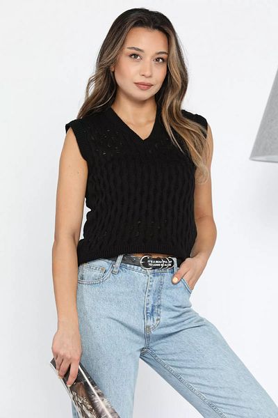 GÜLSELİ Black Women's V-Neck Self-Patterned Knitwear Sweater