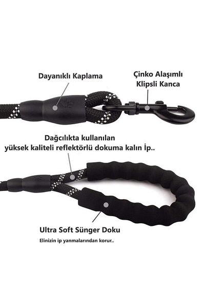LiderGlobal Dog Collar Reflective 130 cm Rope Black for Medium and Large Size Dogs