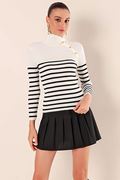 Bigdart 15818 Buttoned Striped Sweater - White