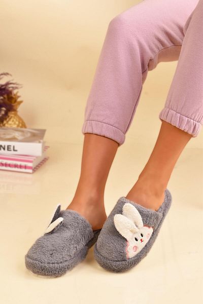 Peta Cute Rabbit Figure Plush House Slippers with Ear Detail
