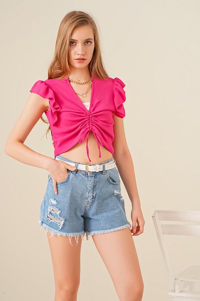 Bigdart 0423 Crop Knitted Μπλούζα - Φούξια