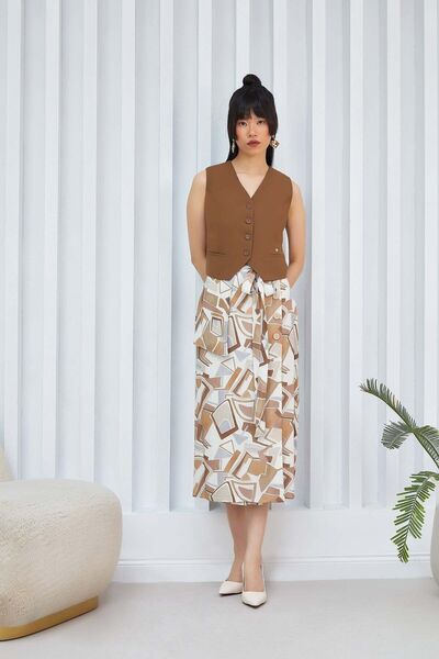 blouzella V-neck Hazelnut Color Stylish Vest with Belt Detail