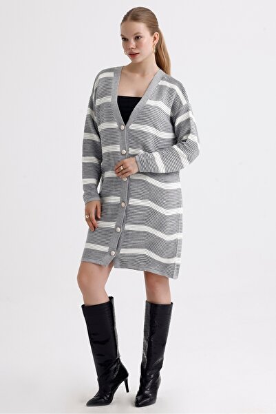 MD trend Women's Buttoned Self Patterned Long Oversize Striped Knitwear Cardigan