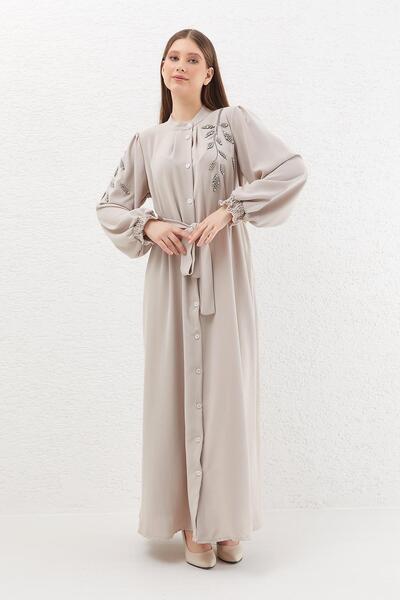 MODAJİN DADALİ Boncuk İşlemeli Düğmeli Ferace Bej