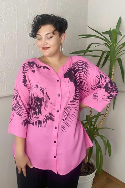 Zer Otantik Printed Stone Detail Large Size Shirt Blouse Fuchsia-Pink