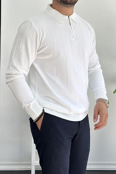 Edwox Men's Half Zipper Polo Collar Seasonal Sweater White Edw195