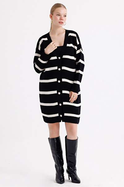 MD trend Women's Buttoned Self Patterned Long Oversize Striped Knitwear Cardigan