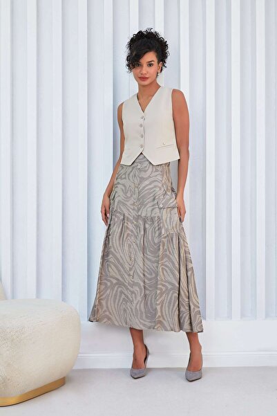 blouzella V-neck Stylish Stone Colored Woven Vest with Belt Detail