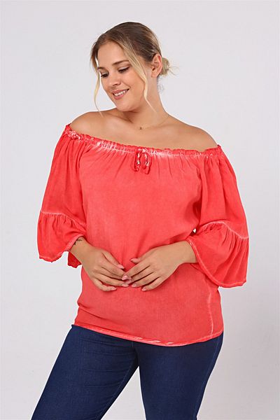 Zer Otantik Πλυμένη μπλούζα με μανίκια με βολάν Plus Size Coral