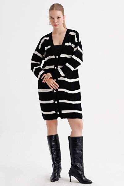 MD trend Women's Buttoned Self Patterned Long Oversize Striped Knitwear Cardigan