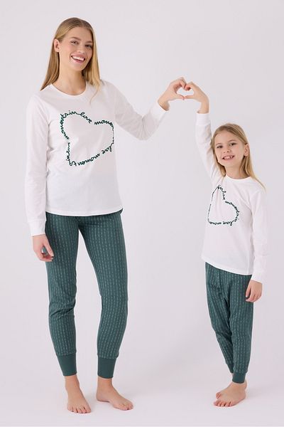 Arnetta Set de pijamale cu mânecă lungă cu imprimeu inimă mare pentru femei (poate fi combinat mama-fiica)