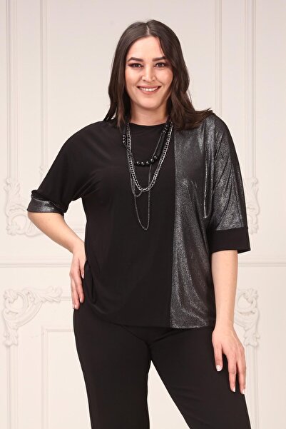 Zer Otantik Sim Baskı Iki Renkli Büyük Beden Bluz Siyah