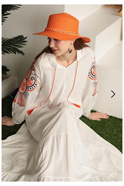 UYSAL Viscose Fabric Judge Collar Colorful Embroidered Dress Ecru