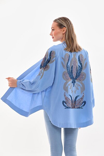 MODAJİN لون أزرق فاتح - كيمونو مطرز بأكمام وأكمام بابالي