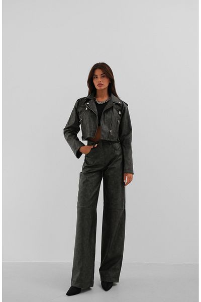 Black Fashion Gray Crop Leather Jacket with Antique Effect