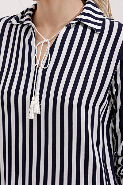 Bigdart 5613 Yaka Bağcıklı Çizgili Tunik - Lacivert