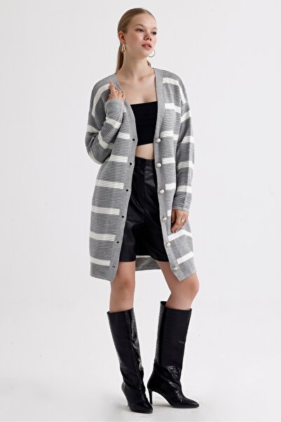 MD trend Women's Buttoned Self Patterned Long Oversize Striped Knitwear Cardigan