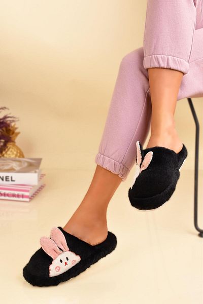 Peta Cute Rabbit Figure Plush House Slippers with Ear Detail