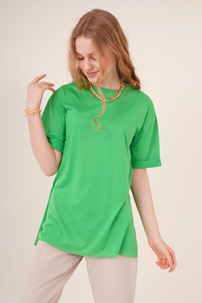 Bigdart 4123 Yırtmaçlı Oversize Tişört - Yeşil