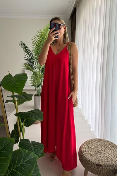 Mivida Ayarlanabilir İp Askılı Kırmızı Maxi Boy Elbise