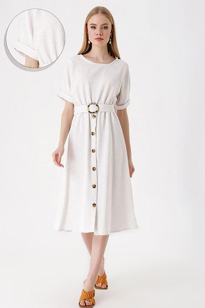 Bigdart 2389 Leinenkleid mit Gürtel - Ecru