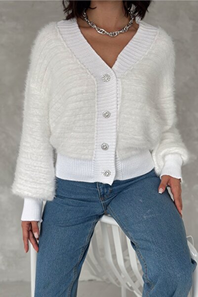 FEMELLE Women's White Standard Size Button Detailed Design Knitwear Cardigan