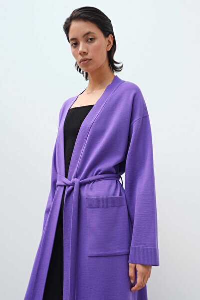 Mısırlı Mor Belden Bağlamalı Uzun Kadın Hırka