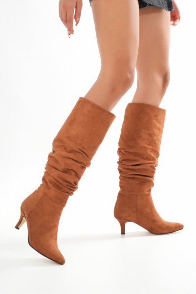 brawerlife Midnight Women'S/Girls' Tan Short Heeled Suede Detailed Pointed Toe Boots