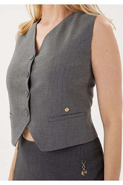 blouzella V-neck Stylish Gray Woven Vest - Belt Detailed