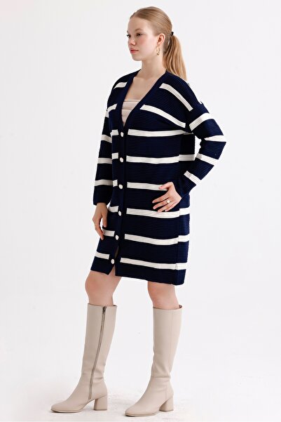 MD trend Women's Buttoned Self Patterned Long Oversize Striped Knitwear Cardigan