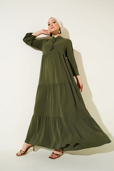 Bigdart 1627 Hijab-Kleid mit Kragen und Schnürung – D.Khaki
