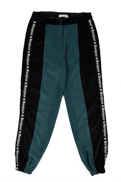 Adisia Pantaloni din catifea verde cu dungi Souchi Bonjour pentru femei