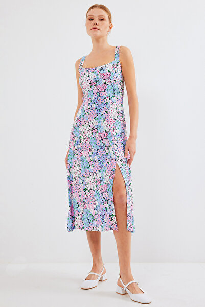 Bigdart 2282 Yırtmaçlı Askılı Viskon Elbise - Mavi