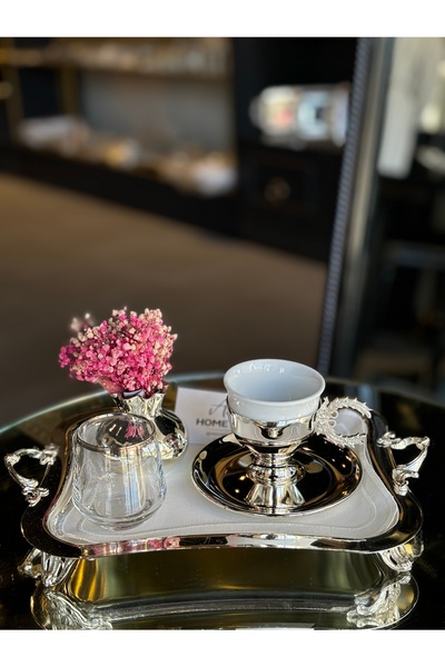 ABROZ HOME DESIGN Çelenkli Kulplu Kahve Fincanı / Gümüş Kaplama