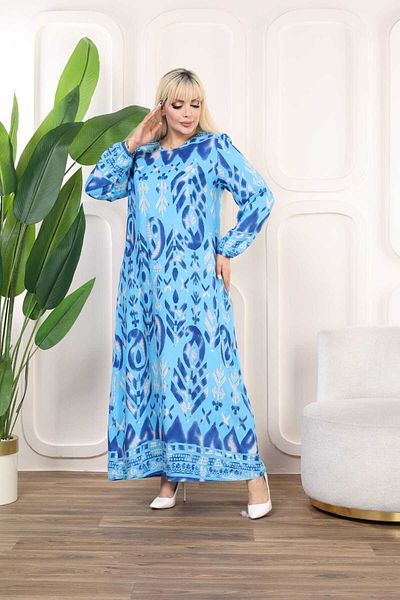 Şans Rochie cu mânecă lungă pentru femei, țesătură albastră din viscoză, cu model șal 65N38331