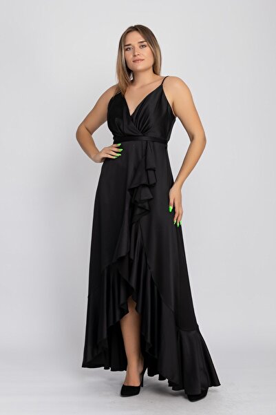 DORİDORCA 1026 Büyükbeden Saten Eteği Katkat Uzun Abiye Elbise