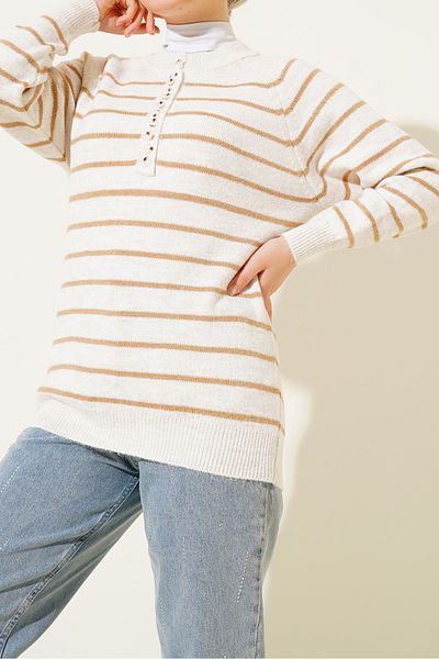 Bigdart 15808 Pullover mit Knöpfen - Keks