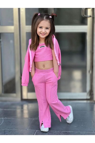 MANCY Girl's Label Detailed Oversize Zippered Cardigan Strap Crop Tracksuit 3 Piece Set