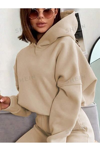 MANCY Women's Hooded Crop Sweatshirt Sweatpants 3 Thread Double Set