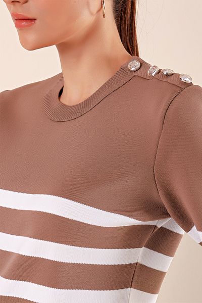 Bigdart 15820 Button Detailed Striped Sweater - Dusty Rose