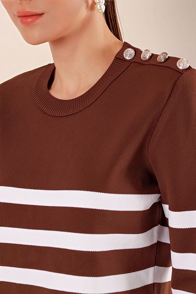Bigdart 15820 Button Detailed Striped Sweater - Brown