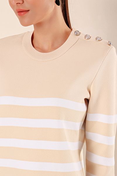 Bigdart 15820 Button Detailed Striped Sweater - Beige