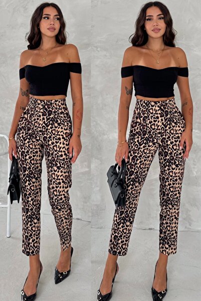 FEMELLE Kadın Yüksek Bel Leopar Desenli Çimalı Kumaş Pantolon